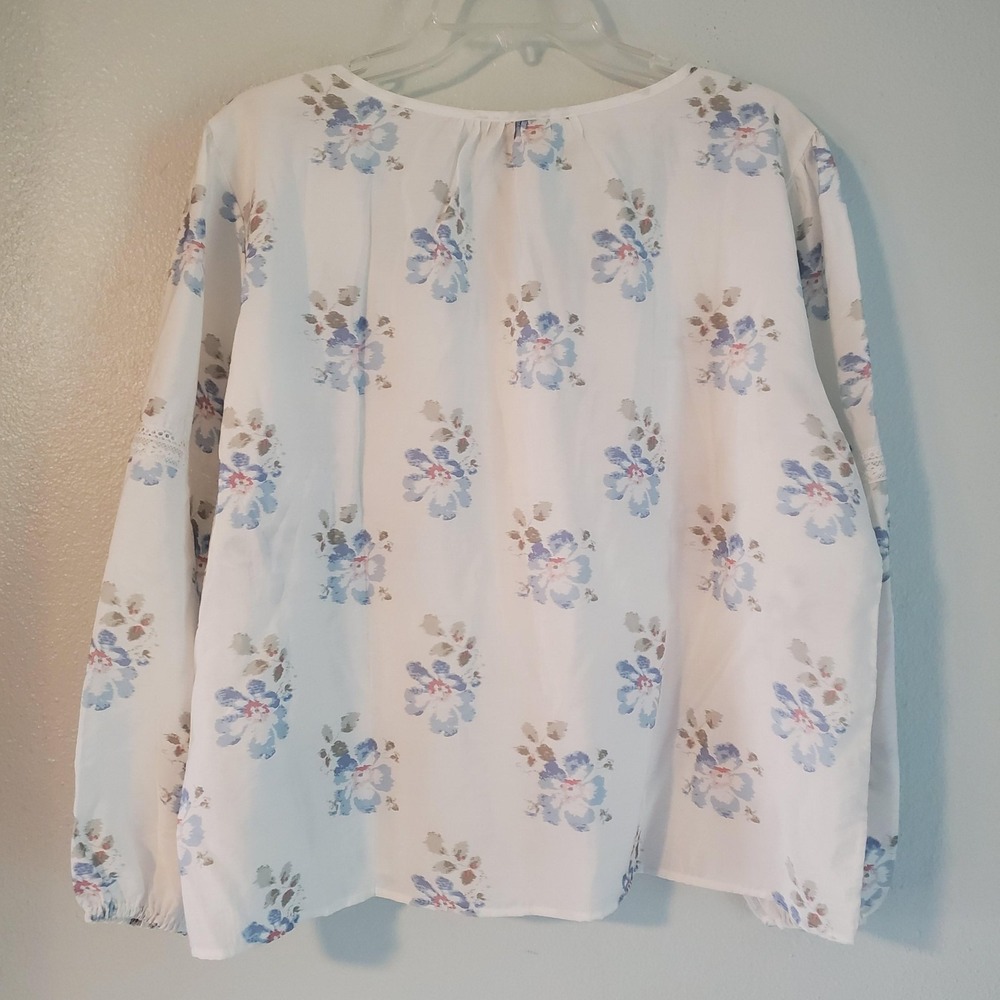 Hester & Orchard Blouse Womens XL White Blue Floral Long Sleeve Lace‎ Boho Top - Picture 7 of 8